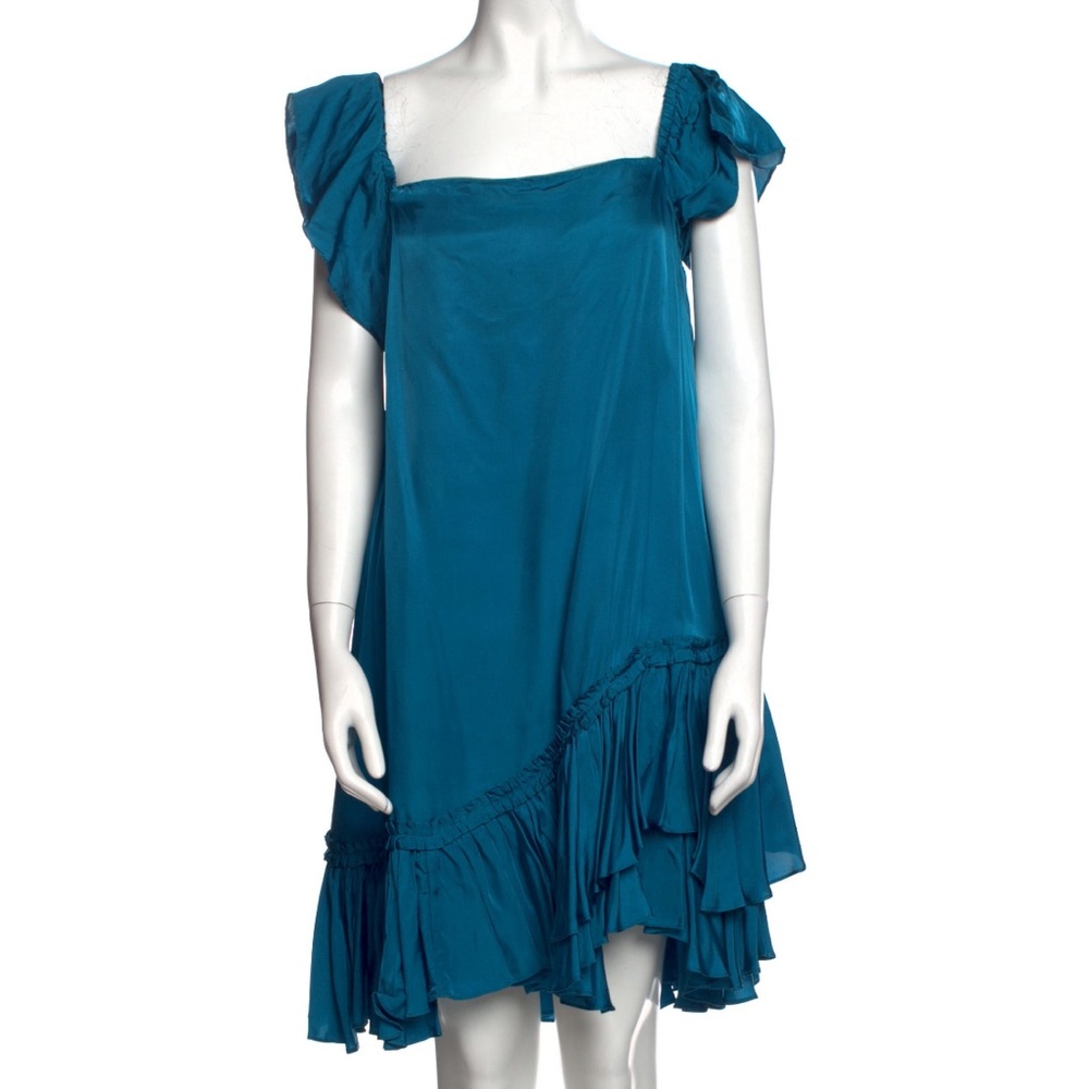 Cinq a Sept gorgeous blue silky ruffle swing tent dress sz M EUC